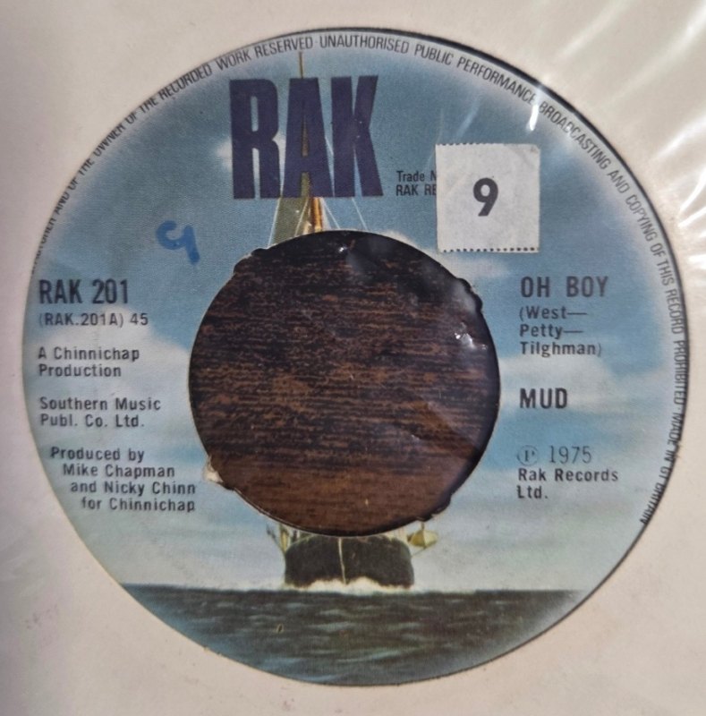 MUD — OH BOY / WATCHING THE CLOCK record label scan