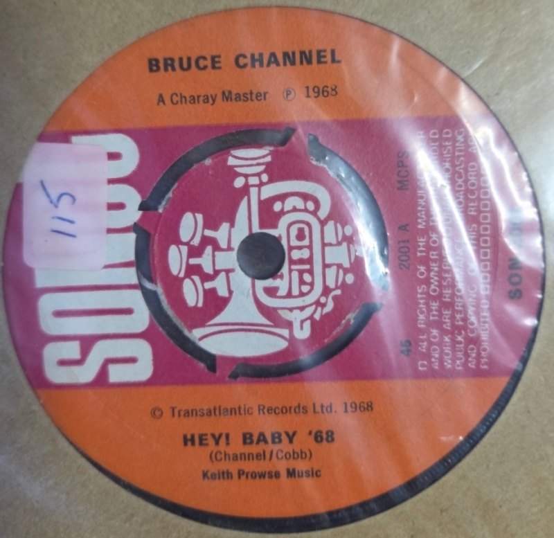 BRUCE CHANNEL — HEY! BABY '68 / COME ON BABY record label scan
