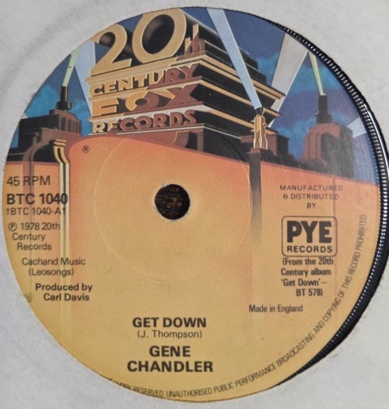 GENE CHANDLER — GET DOWN / GREATEST LOVE EVER KNOWN record label scan