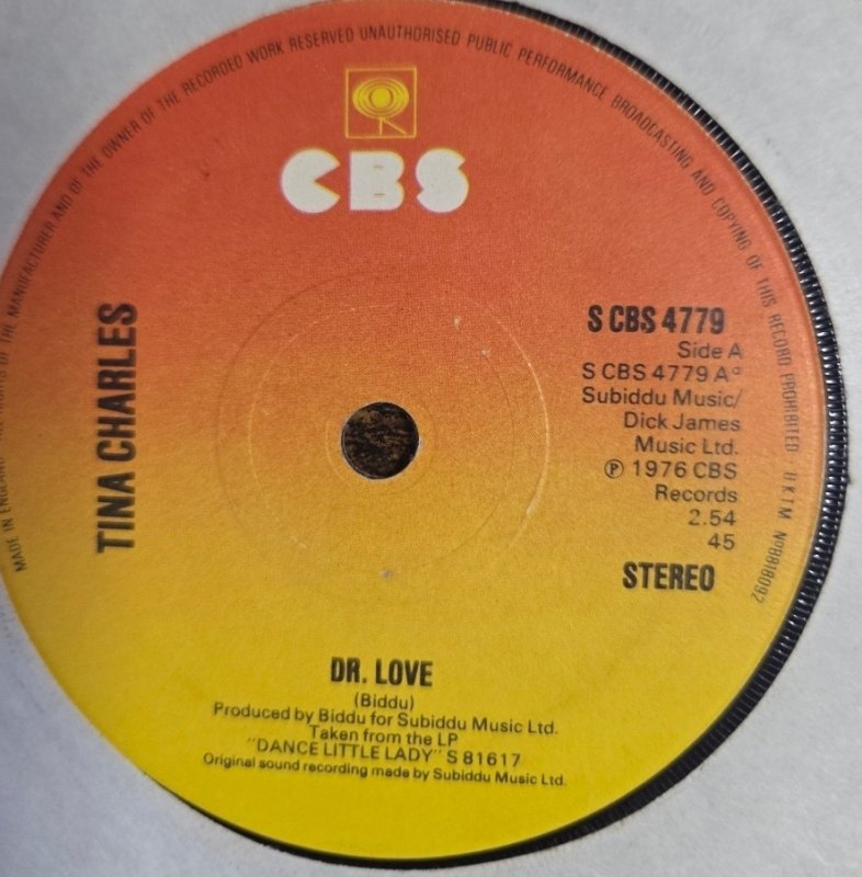 TINA CHARLES — DR LOVE / KISS OF LIFE record label scan