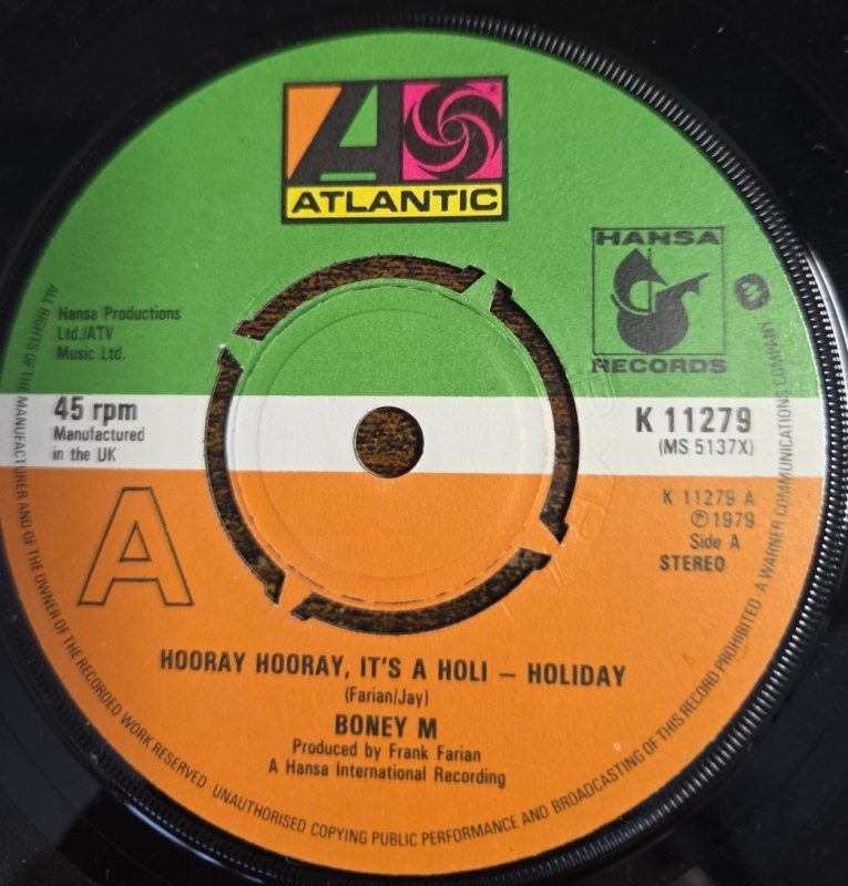 BONEY M — HOORAY HOORAY IT'S A HOLI - HOLIDAY / RIBBONS OF BLUE record label scan