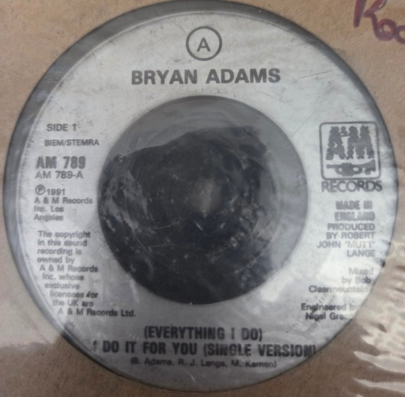 BRYAN ADAMS — I DO IT FOR YOU / SHES ONLY HAPPY record label scan