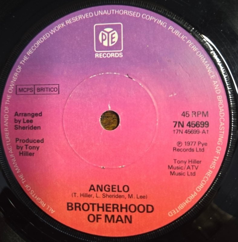 BROTHERHOOD OF MAN — ANGELO / ALL NIGHT record label scan