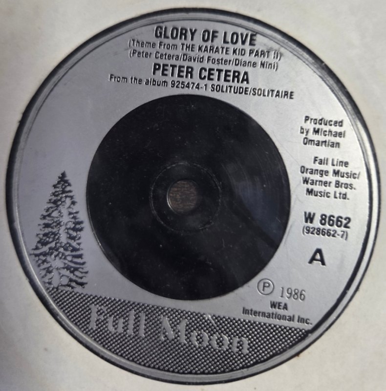PETER CETERA — GLORY OF LOVE / ON THE LINE record label scan
