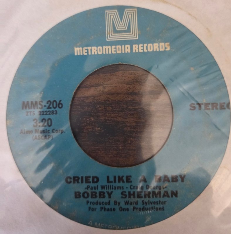 BOBBY SHERMAN — CRIED LIKE A BABY / IS ANYBODY THERE record label scan
