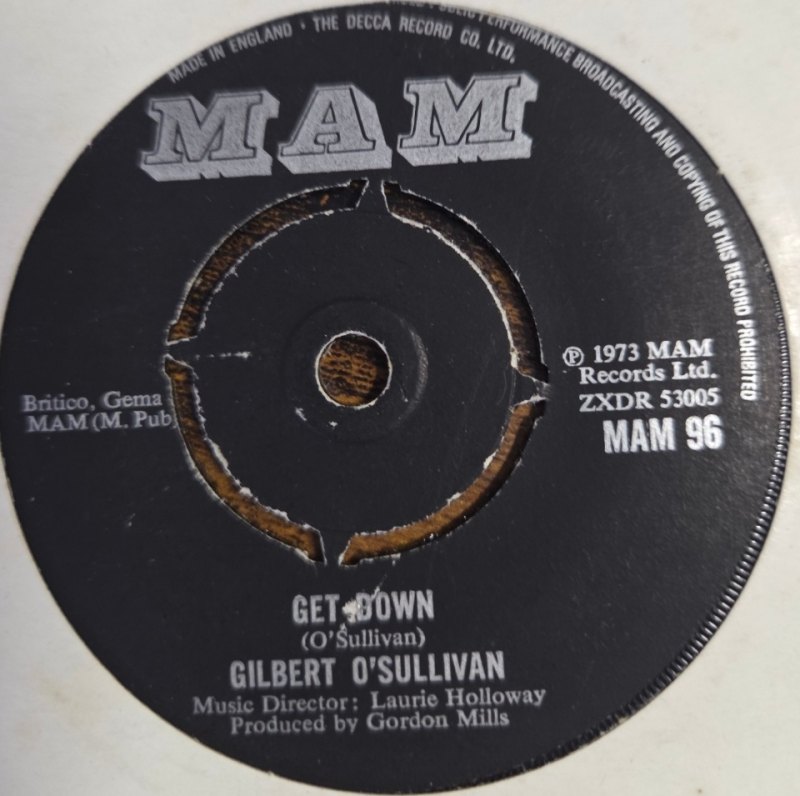 GILBERT OSULLIVAN — GET DOWN / A VERY EXTRAORDINARY SORT OF GIRL record label scan