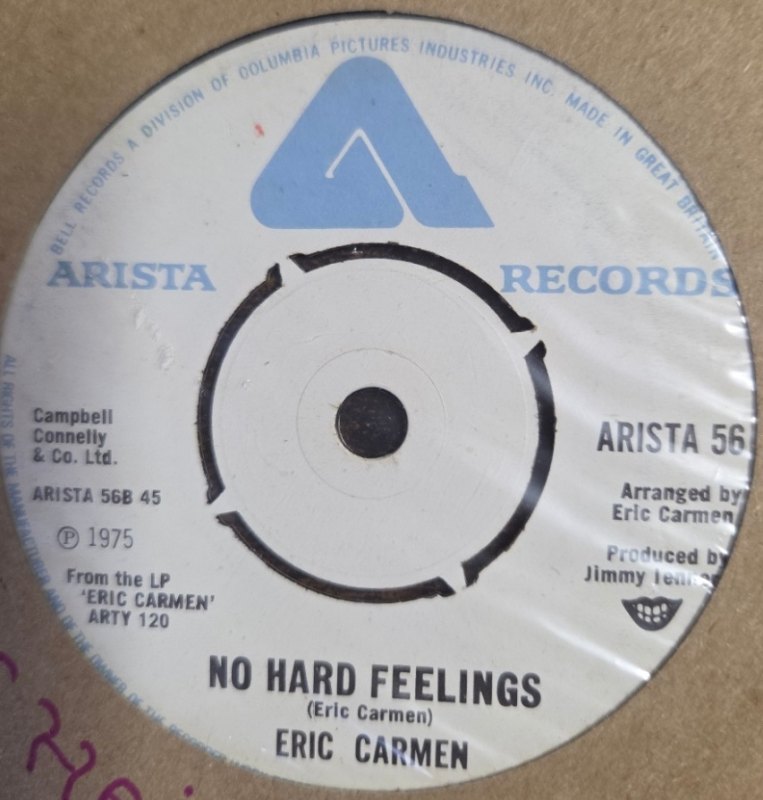 ERIC CARMEN — NEVER GONNA FALL IN LOVE AGAIN / NO HARD FEELINGS record label scan