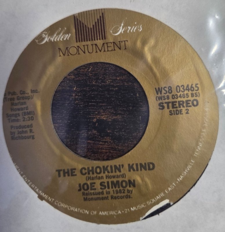 JOE SIMON — CHOKIN' KIND / HANGIN' ON record label scan