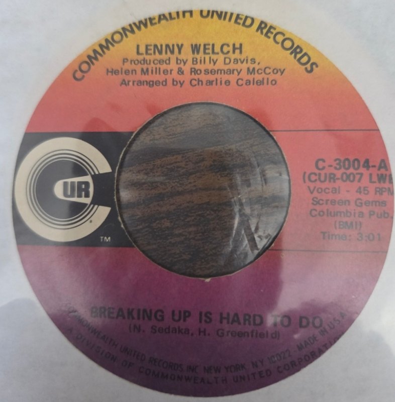 LENNY WELCH — BREAKING UP IS HARD TO DO / GET MOMMY TO COME BACK SOON record label scan