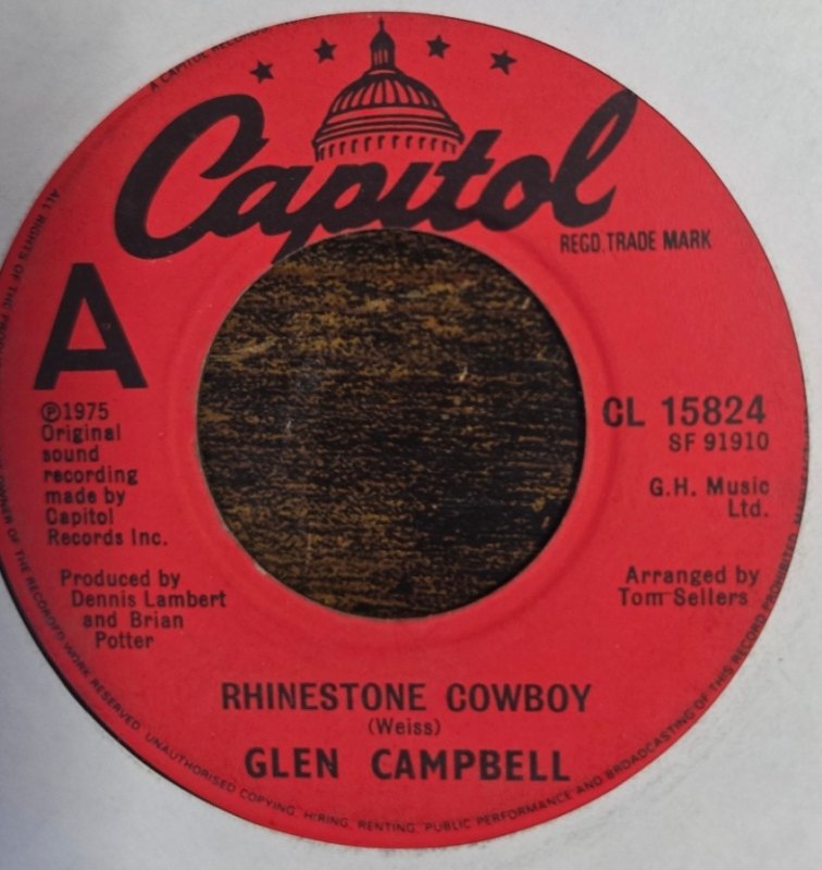 GLEN CAMPBELL — RHINESTONE COWBOY / LOVELIGHT record label scan