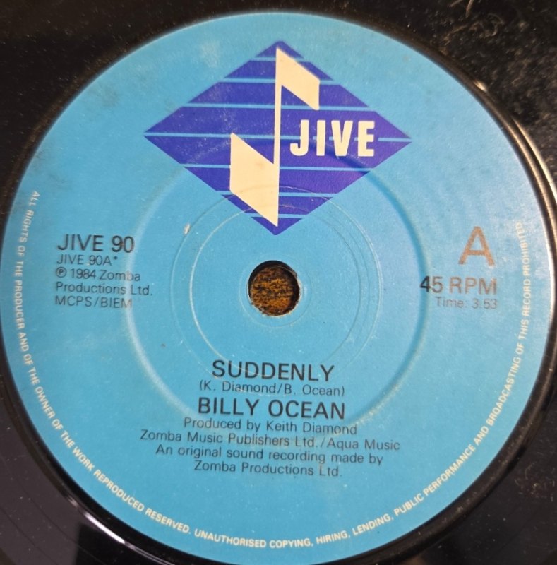 BILLY OCEAN — SUDDENLY / LUCKY MAN record label scan