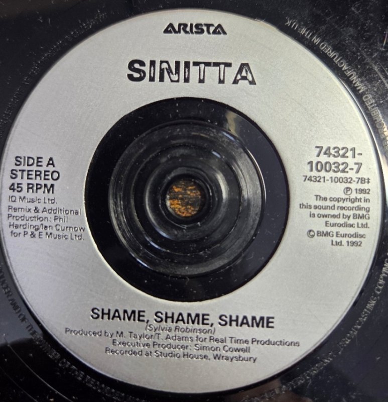 SINITTA — SHAME SHAME SHAME / MAYBE SOMEBODY record label scan