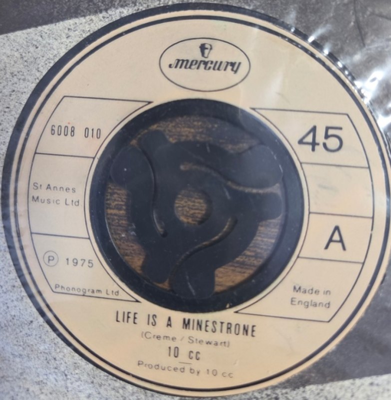 10 C.C. — LIFE IS A MINESTRONE / CHANNEL SWIMMER record label scan