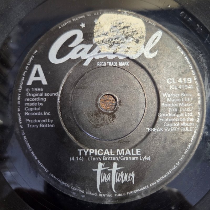 TINA TURNER — TYPICAL MALE / DON'T TURN AROUND record label scan