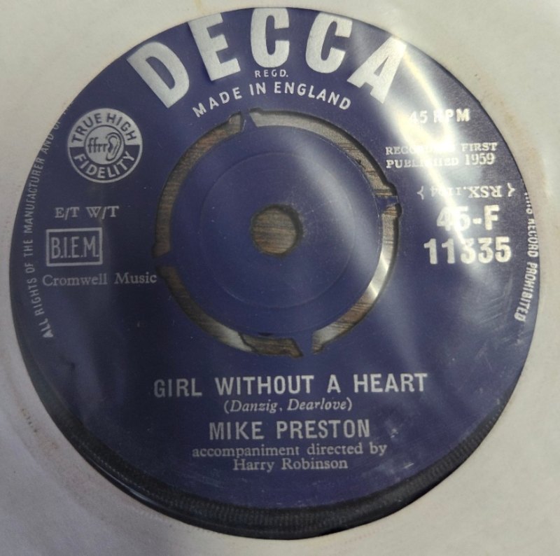 MIKE PRESTON — GIRL WITHOUT A HEART / MARRY ME record label scan
