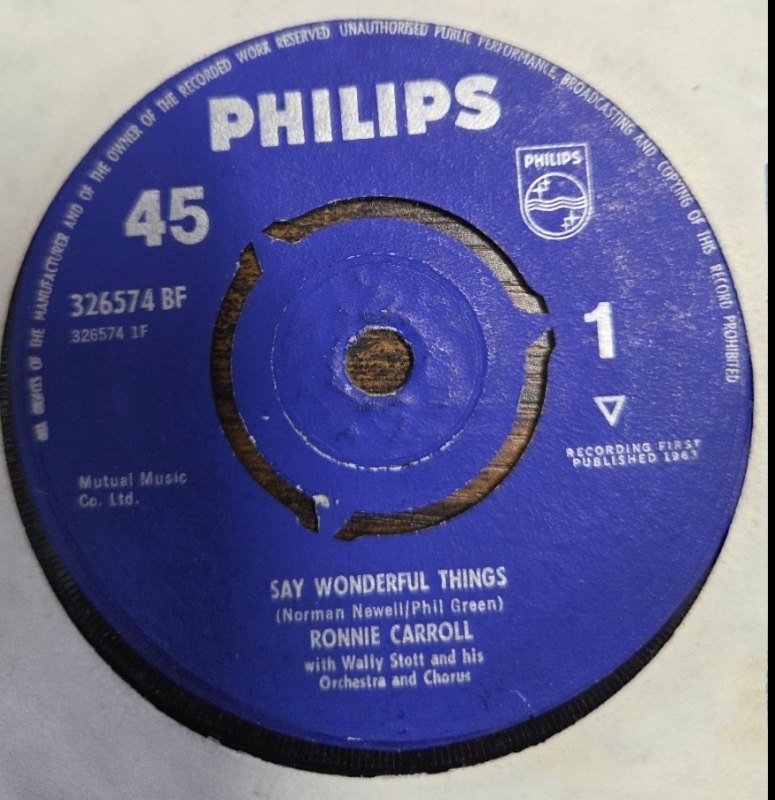 RONNIE CARROLL — SAY WONDERFUL THINGS / PLEASE TELL ME YOUR NAME record label scan