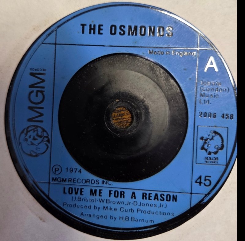 OSMONDS — LOVE ME FOR A REASON / FEVER record label scan