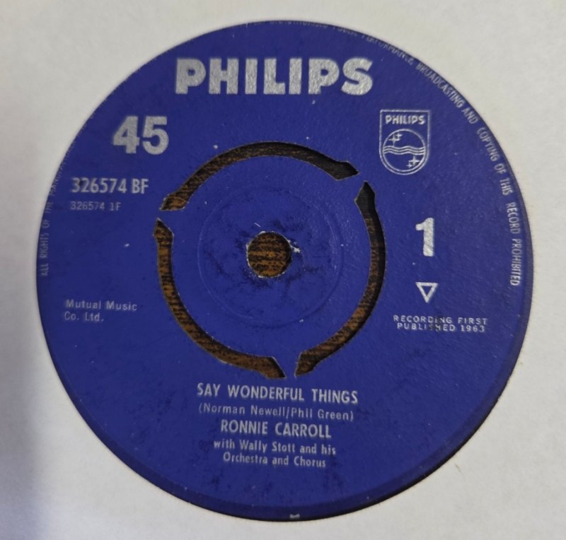 RONNIE CARROLL — SAY WONDERFUL THINGS / PLEASE TELL ME YOUR NAME record label scan