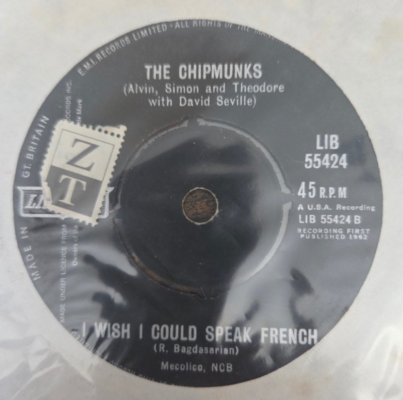 CHIPMUNKS — THE ALVIN TWIST / I WISH I COULD SPEAK FRENCH record label scan