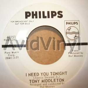 TONY MIDDLETON — I NEED YOU TONIGHT / SEND ME AWAY record label scan