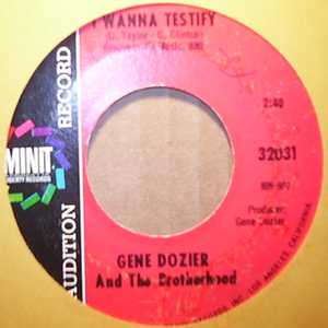 GENE DOZIER AND THE BROTHERHOOD — I WANNA TESTIFY / MUSTANG SALLY record label scan