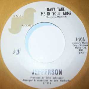 JEFFERSON — BABY TAKE ME IN YOUR ARMS / I FELL FLAT ON MY FACE record label scan