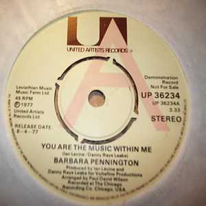 BARBARA PENNINGTON — YOU ARE THE MUSIC WITHIN ME / RUNNING IN ANOTHER DIRECTION record label scan