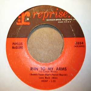 PHYLLIS MCGUIRE — RUN TO MY ARMS / SOMEBODY ELSE IS TAKING MY PLACE record label scan