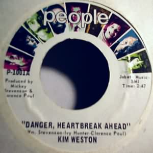 KIM WESTON — DANGER HEARTBREAK AHEAD / I'LL BE THINKIN record label scan