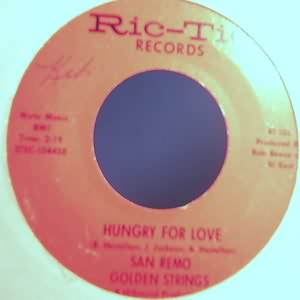 SAN REMO GOLDEN STRINGS — HUNGRY FOR LOVE / ALL TURNED ON record label scan