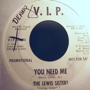 LEWIS SISTERS — YOU NEED ME / MOONLIGHT ON THE BEACH record label scan