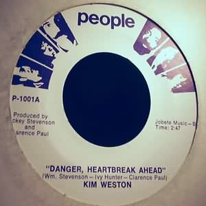 KIM WESTON — DANGER HEARTBREAK AHEAD / I'LL BE THINKIN record label scan