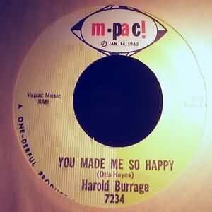 HAROLD BURRAGE — YOU MADE ME SO HAPPY / TAKE ME NOW record label scan