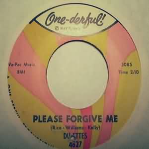 DU-ETTES — PLEASE FORGIVE ME / LONELY DAYS record label scan