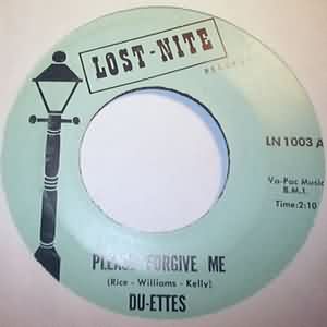 DU-ETTES — PLEASE FORGIVE ME / LONELY DAYS record label scan