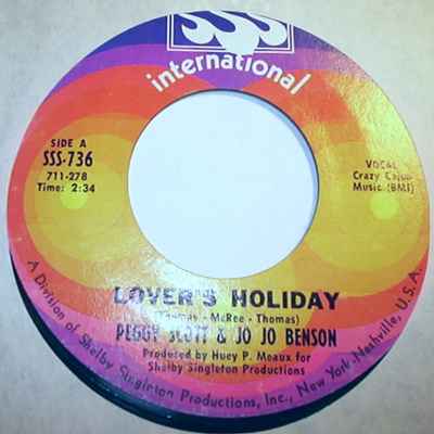 PEGGY SCOTT AND JO JO BENSON — LOVER'S HOLIDAY / HERE WITH ME record label scan