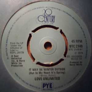 LOVE UNLIMITED — IT MAY BE WINTER OUTSIDE / I LOVE YOU SO , NEVER LET YOU GO record label scan