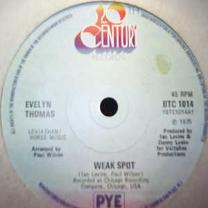 EVELYN THOMAS — WEAK SPOT / DANCIN IS MY WEAK SPOT record label scan