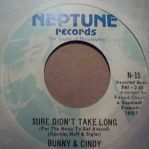 BUNNY AND CINDY — SURE DIDN’T TAKE LONG / WERE ONLY HUMAN record label scan
